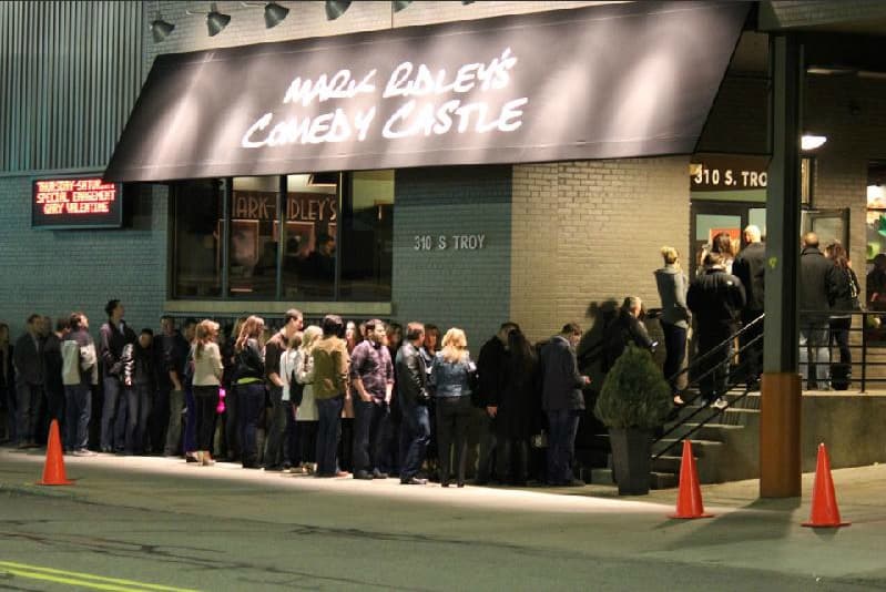 Mark Ridley's Comedy Castle at night